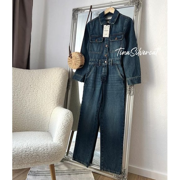 BLOGGER'S FAVE! Zara Front Pocket Denim Jumpsuit Indigo NWT - Picture 11 of 16